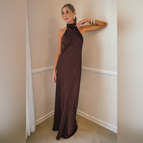 Show Me Your MUMU Lisa Maxi Dress XS Chocolate Luxe Satin Wedding Party Prom - Picture 2 of 11